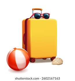 A yellow suitcase, adorned with red sunglasses, is accompanied by a colorful beach ball and a seashell. The playful design evokes the spirit of a beach holiday, perfect for summertime adventures.