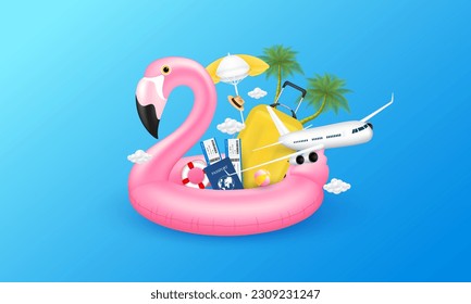 Maleta amarilla, pasaporte de pasaje aéreo con avión y paraguas en anillo de goma rosa flamingo colorido inflable anillo de natación elegante. Concepto de viajes de verano de vacaciones. Para publicidad de turismo de medios. Vector 3D