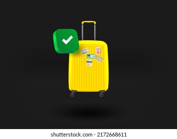Yellow suitcase with checkmark icon. 3d vector illustration