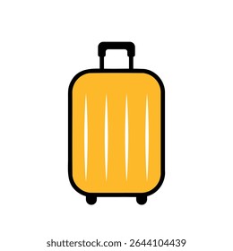 yellow suitcase icon, luggage with handle, wheels for travel, business trips or summer holidays, black outline vector illustration