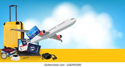 Yellow suitcase with laptop computer, camera, tickets, passport, credit card, travel plan for the trip and copy space for text, vector illustration.