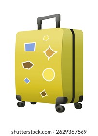 yellow suitcase with lots of stickers. cartoon style