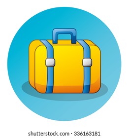 Yellow suitcase on a blue background. Round icon.