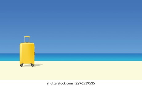 Yellow suitcase on blue sky beach background illustration vector.