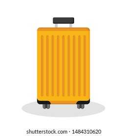 Yellow suitcase on wheels flat icon for illustration. Lazy, winter trip to the beach, sea, vacation. Traveling by plane, train, car. Cartoon, comic book, 2d drawing.