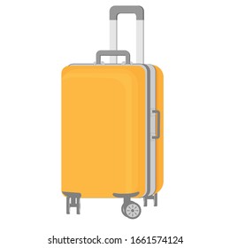 Yellow suitcase on wheels. Large travel bag with a metal long handle and two short handles. Isolated flat vector icon on white background.