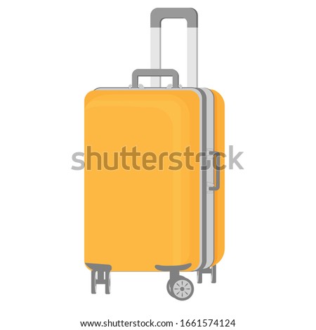 Yellow suitcase on wheels. Large travel bag with a metal long handle and two short handles. Isolated flat vector icon on white background.