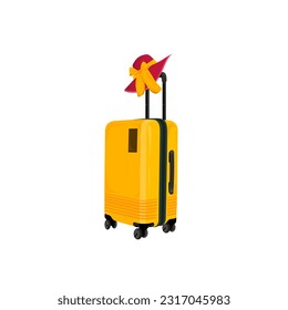 yellow suitcase with red hat on white background. travel concept. minimal style