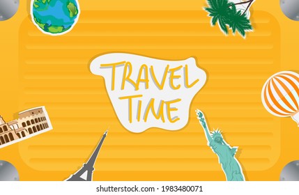 Yellow suitcase with stickers of world attractions. Summer vector illustration