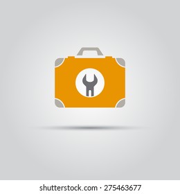 Yellow suitcase with tools on which painted a wrench isolated vector flat colored icon