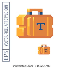 Yellow suitcase with tools pixel art icon. Tools chest isolated vector illustration. 8-bit sprite. Tool box element design for mobile app, web, logo service.
