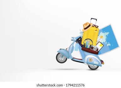 A yellow suitcase with travel accessories rests on a four blue motorcycle seat on a white background.