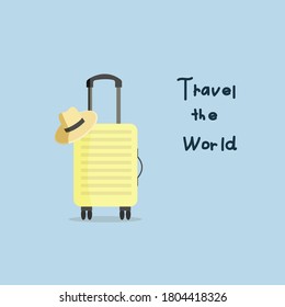 
Yellow suitcase with travel hat. Vector illustration.