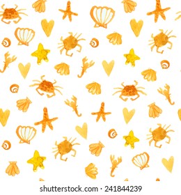 Yellow summer background with beach crabs, hearts and star fish. Sunny seamless vector texture.