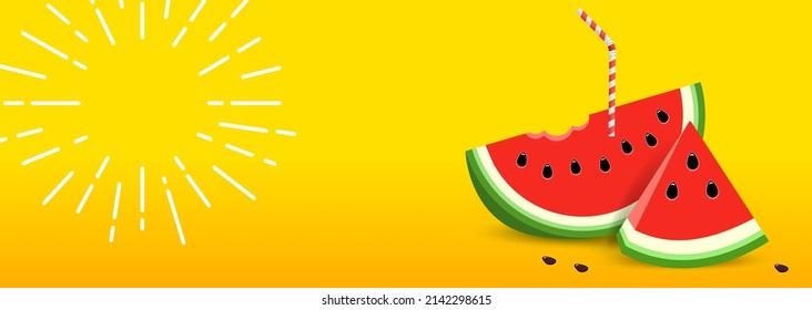 Yellow Summer banner with Watermelon. Sun rays drawn white pencil. 3D slice Watermelon with drinking straw. with empty place for text. Vector illustration on yellow background.