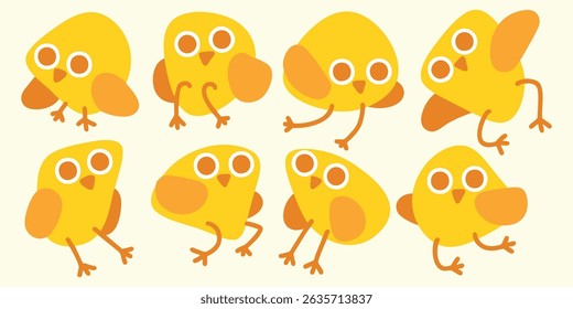 Yellow summer chicks and birds jumping, flapping wings, and flying around excitedly. Expressive cartoon animal poses for Easter springtime. Chubby and squishy aesthetic for children. Vector, EPS 10.