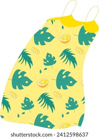 Yellow summer dress with tropical pattern. Sleeveless sundress with lemon and monstera print. Clothing fashion and beachwear vector illustration.