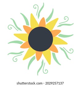 Yellow summer flower, sunny flower, sunflower silhouette in a flat style, cartoon illustration, icon on an isolated white background, vector illustration, Print