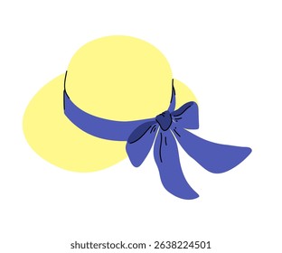 Yellow summer hat with blue bow.  Fashion  headwear, beach hat sun hat for women style