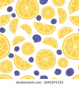 Patrón amarillo de limones y arándanos de verano sobre fondo blanco. Patrón simple sin fisuras con lima. Diseño de Vector para tarjeta de felicitación e invitación para vacaciones de verano de temporada