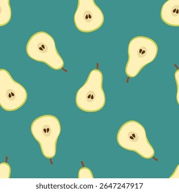 Yellow summer pear pattern on blue background. Simple seamless pattern with pears. Vector design for greeting card and invitation for seasonal summer vacation