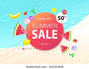 Yellow Summer Sale banner with pieces of ripe fruit and flowers, bright design. Vector design on abstract beach background
