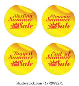 Yellow Summer Sale Stickers Sizzling,clearance,biggest,end Of With Sun Symbol. Vector Illustration