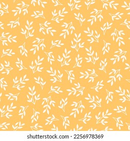 Patrón de verano amarillo sin costuras con siluetas de hojas dibujadas a mano. Diseño de fondo de pantalla floral minimalista. Sencilla naturaleza o ambiente de jardín. Ilustración vectorial sobre fondo coloreado.