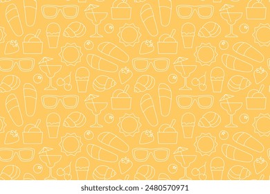 yellow summer seamless pattern with sunglasses, flip flops, ice cream, cherry, strawberry, cocktail, shell, blueberry icons- vector illustration