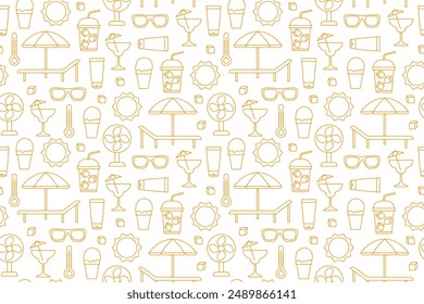 yellow summer seamless pattern with sunglasses, ice cream, ice coffee, cocktail, fan, therometer, sun cream icons- vector illustration
