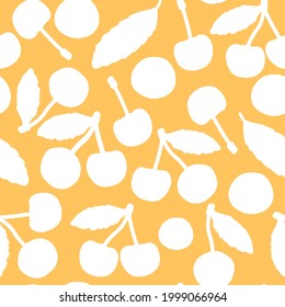 Yellow summer seamless pattern. Vector cute cartoon isolated hand drawn white silhouette cherry