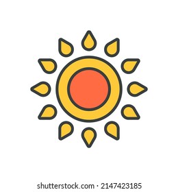 Yellow summer sun with beams contoured pop art style vector flat illustration. Bright groovy shining natural sunbeams with orange center isolated on white. Abstract sunrise t shirt print sticker