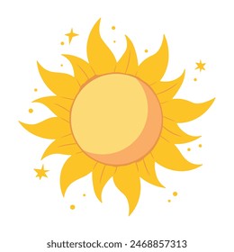 Yellow summer sun symbol for design. Flat cartoon style. Vector illustration isolated on white background.