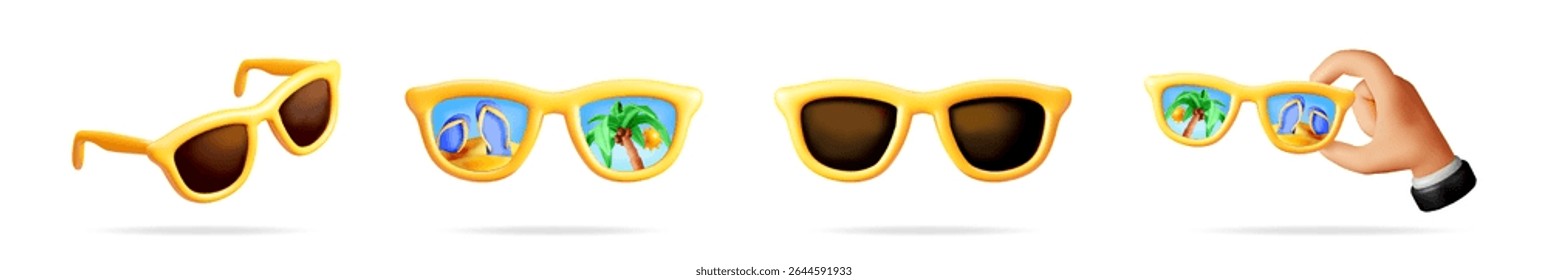 Yellow summer sunglasses set. Sun glasses with palm tree and flip flop reflection. Holiday vacation travel concept 3d illustration.