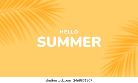 Yellow summer tropical background with tropical palm leaves. Minimal summer creative flat design. Vector illustration