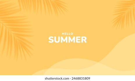 Yellow summer tropical background with tropical palm leaves. Minimal summer creative flat design. Vector illustration