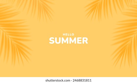 Yellow summer tropical background with tropical palm leaves. Minimal summer creative flat design. Vector illustration