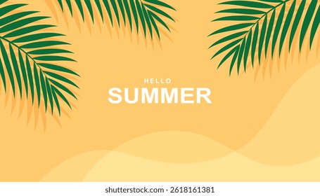 Yellow summer tropical background with palm leaves. Minimal flat design in bright color palette. Vector illustration perfect for vacation, beach, travel, and seasonal creative projects