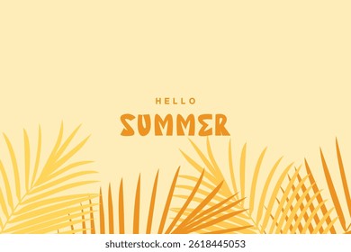 Yellow summer tropical background with tropical palm leaves. Minimalist summer creative flat design. Vector illustration