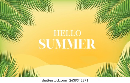 Yellow summer tropical background with tropical palm leaves. Minimal summer creative flat design. Vector illustration design