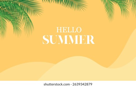 Yellow summer tropical background with tropical palm leaves. Minimal summer creative flat design. Vector illustration design