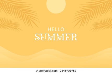 Yellow summer tropical background with tropical palm leaves. Minimal summer creative flat design. Vector illustration