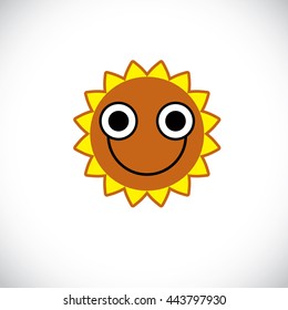 Yellow sun art illustration made with a smiling face. Vector meteorology sign, weather forecasting symbol isolated on white.