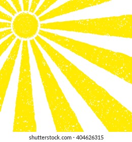 Yellow Sun background. Hand painted with oil pastel crayons. Bright fun card, invitation template. Yellow and orange sun and red text. Abstract graphic design on white background. Vector illustration