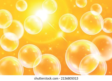 Yellow sun background with soap bubbles. Realistic soap bubbles. Vector illustration in yellow colors.