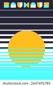 Yellow Sun Bauhaus Poster with Aqua Gradient and Striped Background Vector Illustration