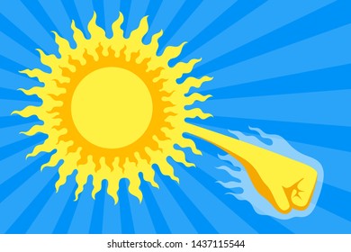 Yellow sun and big fist, over blue background. Risk of sunstroke and heatstroke while hot weather. Hyperthermia warning