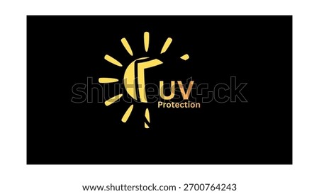Yellow sun and black shield with UV Protection text on dark background. Concept of sun safety, sunscreen, and ultraviolet protection design.