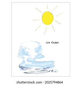 Yellow sun in blue ice cube.  Sun, drop, ice cubes, water. Ice Cube,vector.  Digital watercolor.