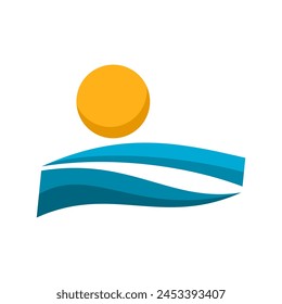 Yellow sun with blue wave water sea icon flat vetor design